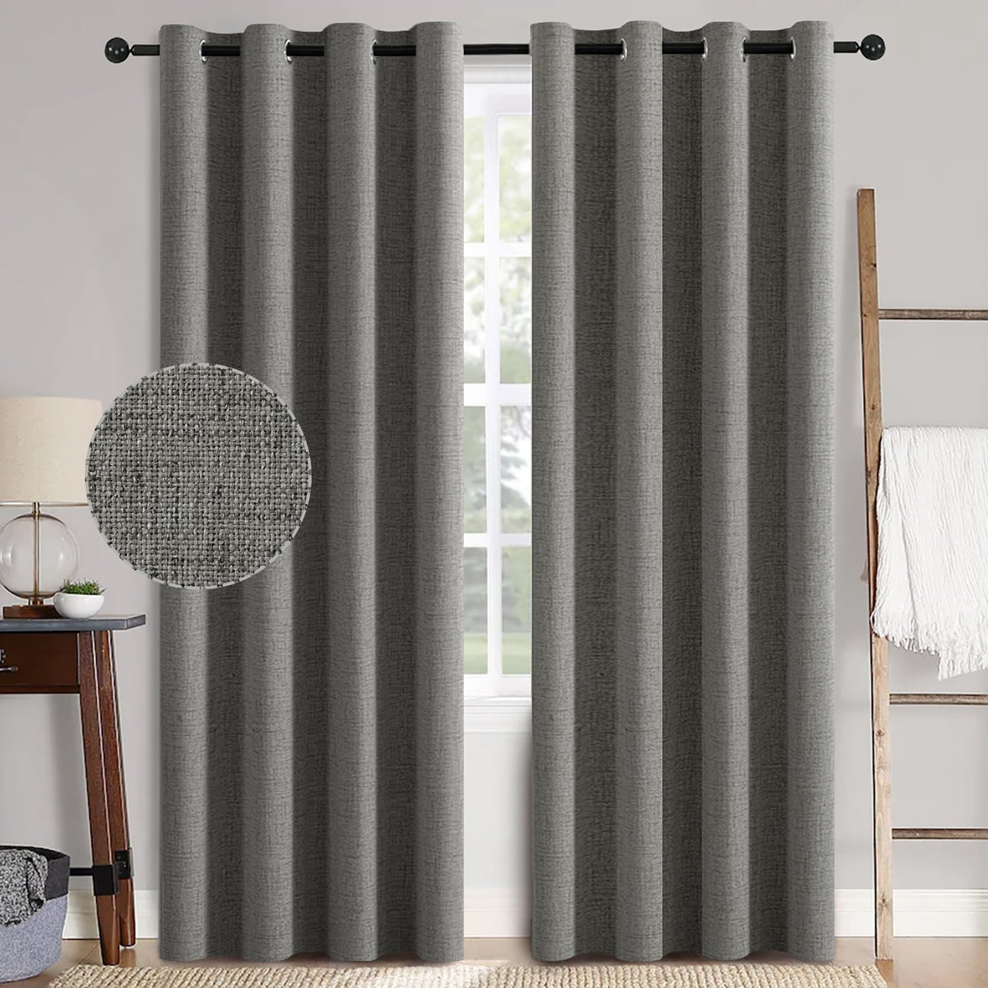 MIULEE Linen Texture Curtains for Bedroom Solid 100% Blackout Thermal Insulated Dark Grey Curtains Grommet Room Darkening Curtains/Draperies Luxury Decor for Living Room 52x72 Inch (2 Panels)